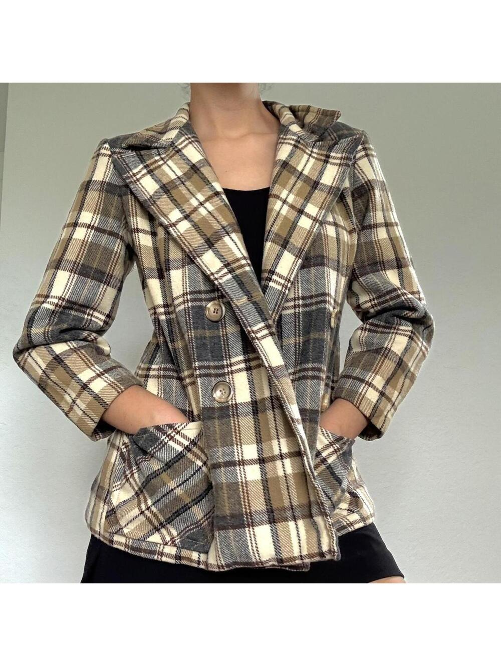 Tan, cream, and brown plaid wool blazer